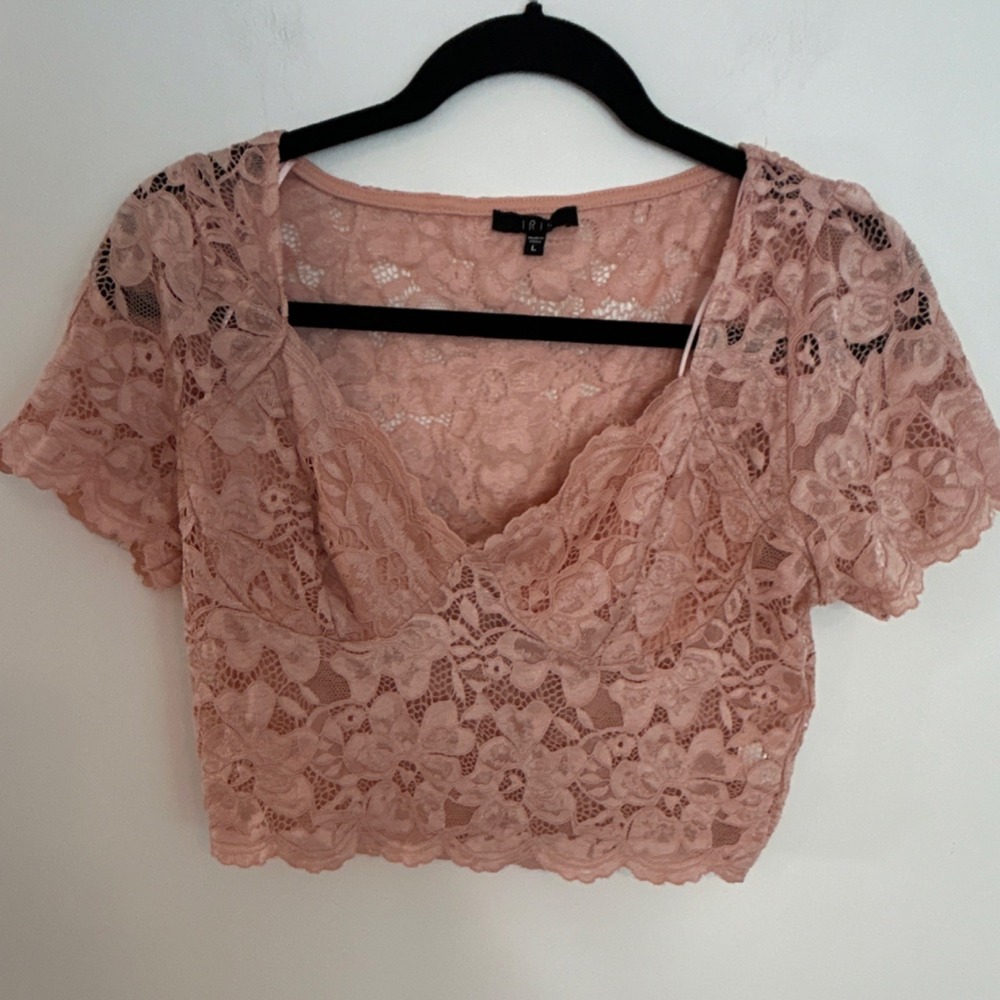IRIS Pink Lace Deep V Short Sleeve Cropped Blouse L Women's Polyester Spandex